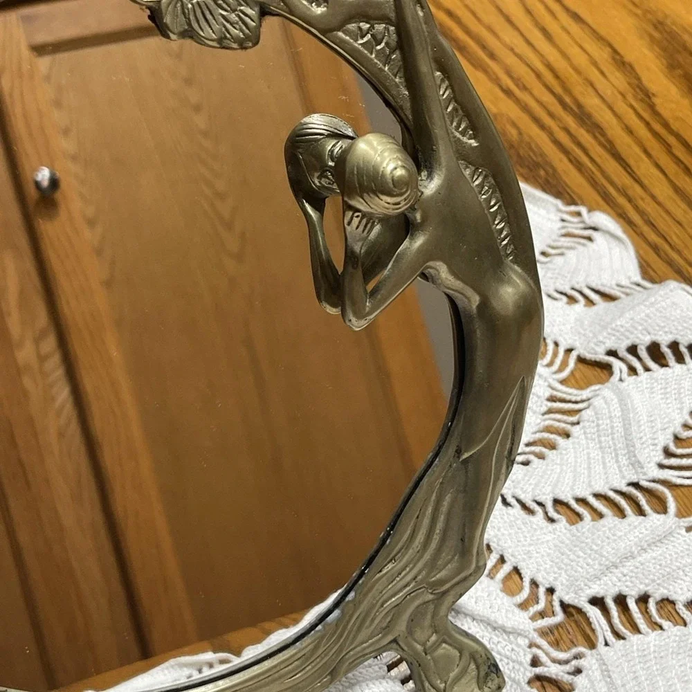 Vintage Art Nouveau Brass Mirror Lady of Lake Flower Vanity Frame